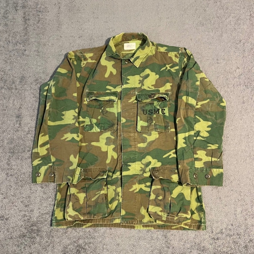 Vintage 70s USMC ERDL Camo Combat Coat Medium Long 100% Cotton Jacket Class 2